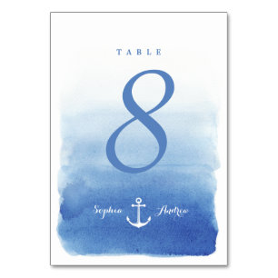 Blue watercolor beach wedding nautical table card