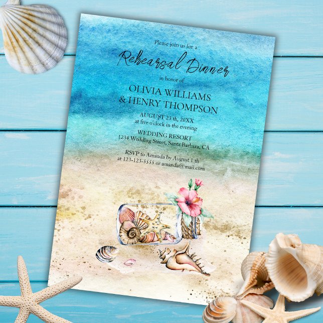 Blue Watercolor Beach Wedding Rehearsal Dinner Invitation (Creator Uploaded)
