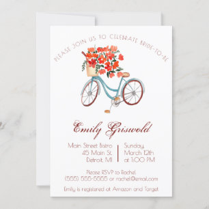 Blue Watercolor Bicycle Floral Bridal Shower Invitation