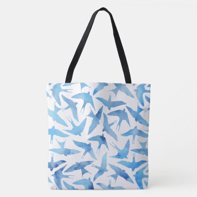 Blue Watercolor Birds Pattern Tote Bag (Front)