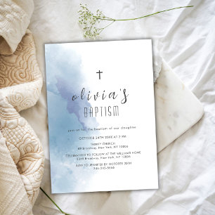 Blue Watercolor Black Cross Christening Baptism Invitation