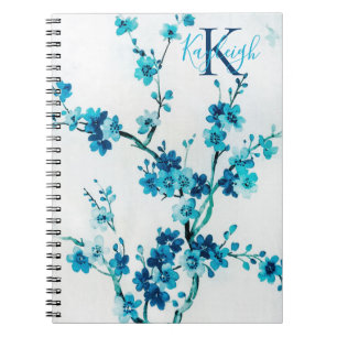 Blue Watercolor Blooms   Monogrammed Notebook