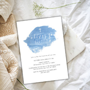 Blue Watercolor Blush Cross Christening Baptism Invitation