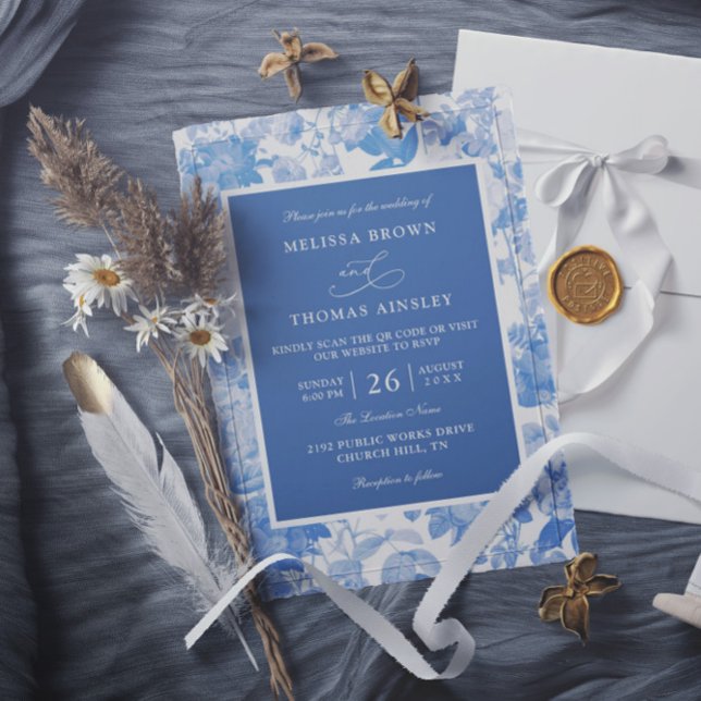 Blue Watercolor Botanical Budget QR Code Wedding Invitation (Creator Uploaded)