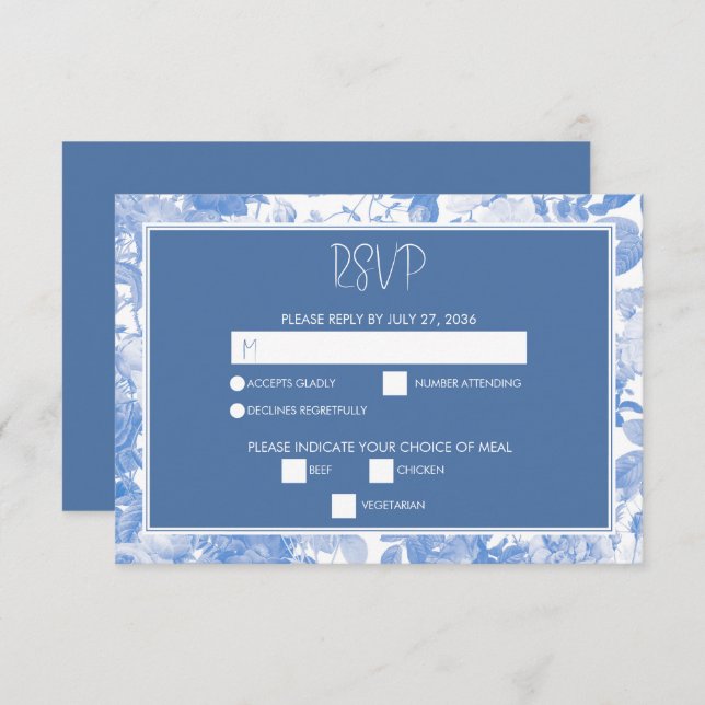 Blue Watercolor Botanical Florals Wedding  RSVP Card (Front/Back)