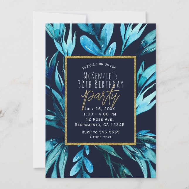Blue Watercolor Botanical Glam Birthday Party Invitation (Front)