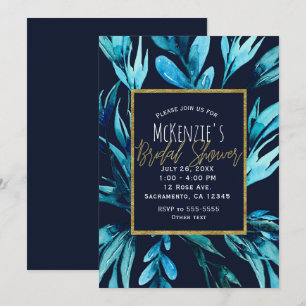Blue Watercolor Botanical Glam Bridal Shower Invitation