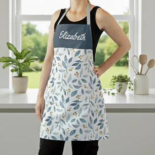 Blue Watercolor Botanical Pattern Custom Name Apron