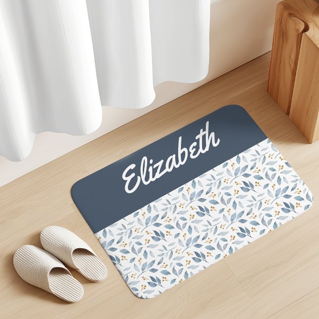 Blue Watercolor Botanical Pattern Custom Name Bath Mat (Creator Uploaded)