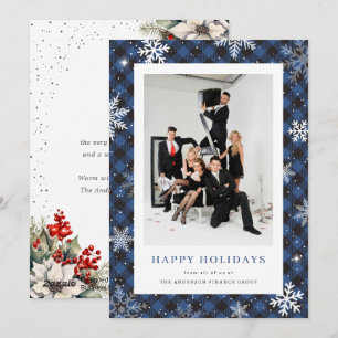 Blue Watercolor Botanical Photo Corporate Business Holiday Card