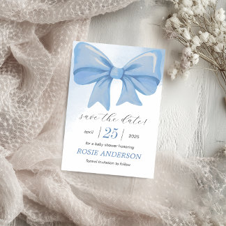 Blue Watercolor Bow Baby Shower Save The Date