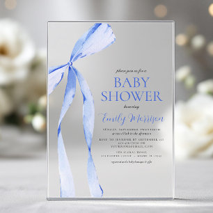 Blue Watercolor Bow Boy Baby Shower Acrylic Invitations