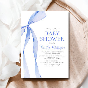 Blue Watercolor Bow Boy Baby Shower Invitation
