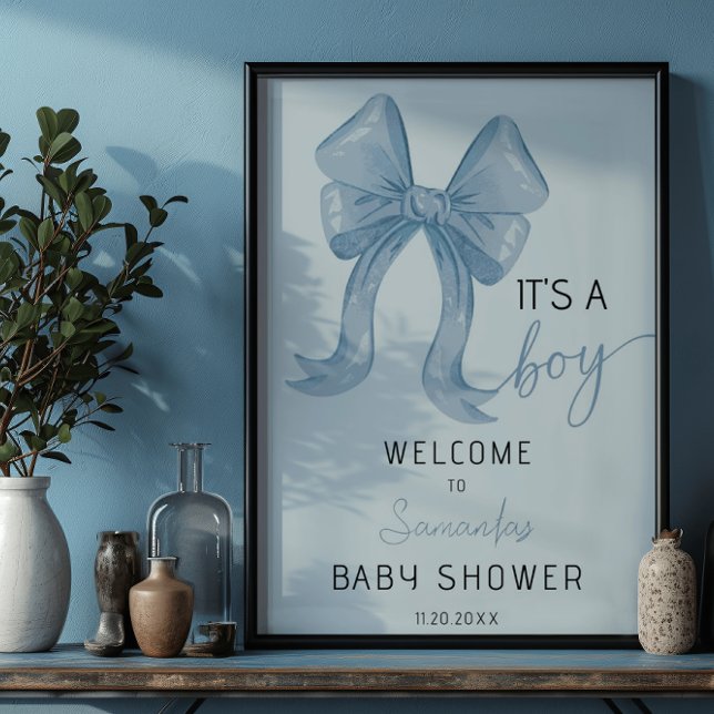 Blue Watercolor Bow Boy Baby Shower Welcome Poster (Creator Uploaded)