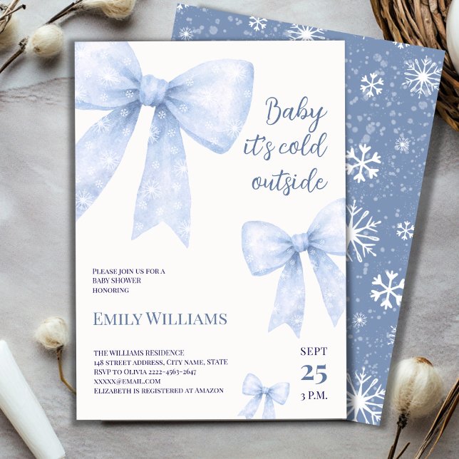 Blue Watercolor Bow cold outside Baby Shower Invitation (Winter Baby Shower Invitation | Baby It’s Cold Outside Theme with Blue Snowflake Bows)