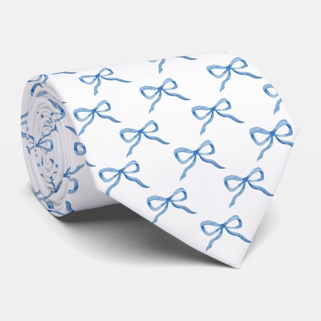 Blue Watercolor Bow Pattern Tie (Rolled)
