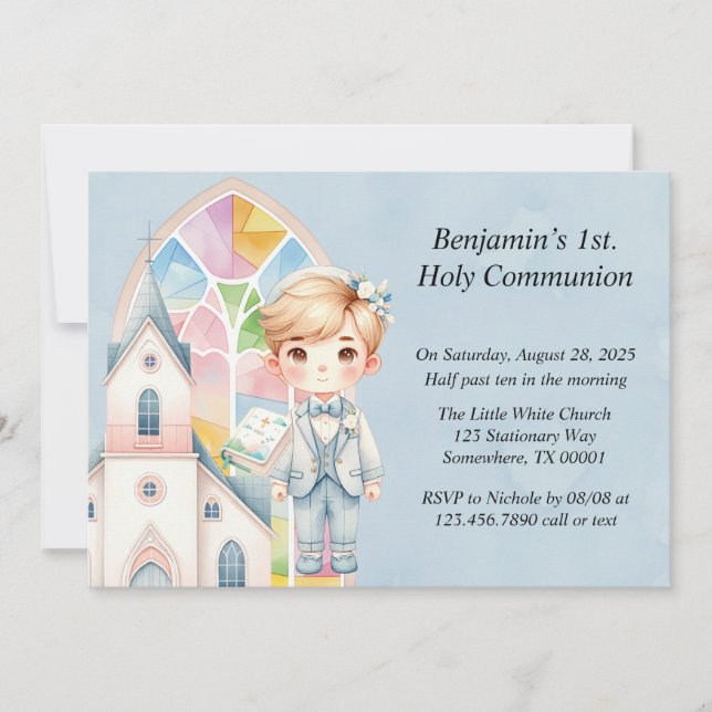 Blue Watercolor Boy 1st. Communion  Invitation (Front)