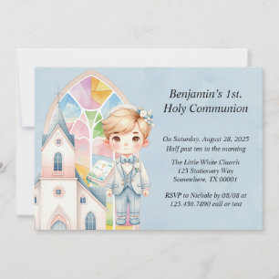 Blue Watercolor Boy 1st. Communion Invitation