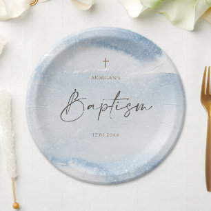 Blue Watercolor Boy Baptism Paper Plates