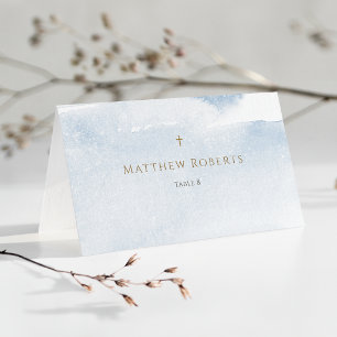 Blue Watercolor Boy Baptism Place Card
