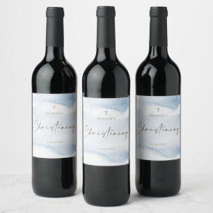 Blue Watercolor Boy Christening Wine Label