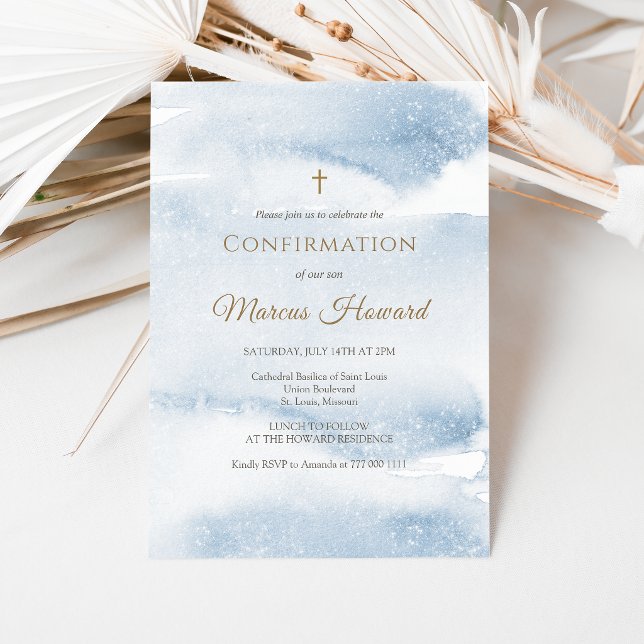Blue Watercolor Boy Confirmation Invitation Card (Blue Watercolor Boy Confirmation Invitation Card)