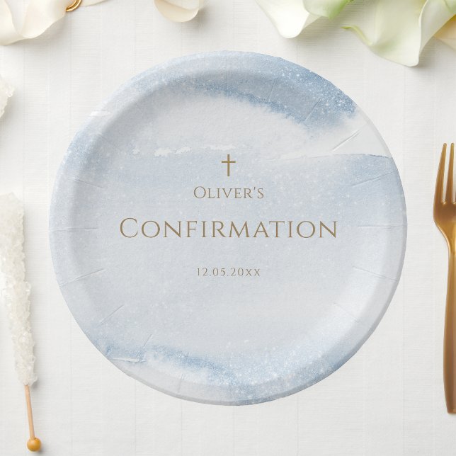 Blue Watercolor Boy Confirmation Paper Plates (Blue Watercolor Boy Confirmation Paper Plates)