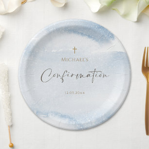 Blue Watercolor Boy Confirmation Paper Plates