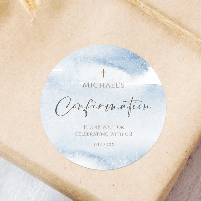Blue Watercolor Boy Confirmation Round Sticker (Blue Watercolor Boy Confirmation Round Sticker)