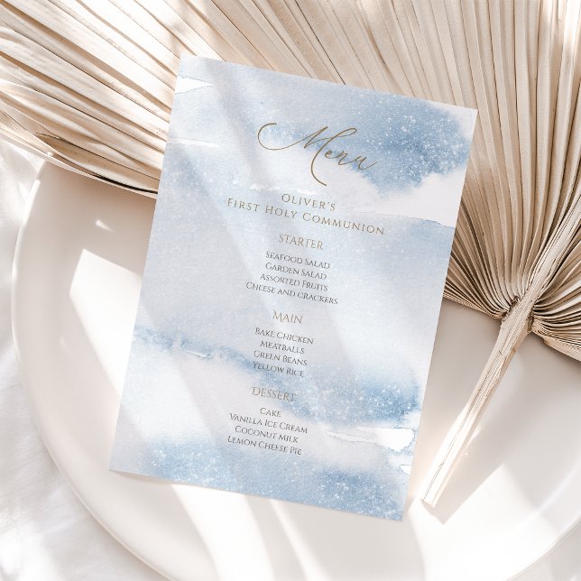 Blue Watercolor Boy First Communion Menu Card (Blue Watercolor Boy First Communion Menu Card)