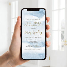 Blue Watercolor Boy First Communion Mobile Invite