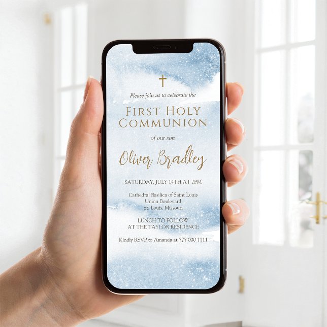 Blue Watercolor Boy First Communion Mobile Invite (Blue Watercolor Boy First Communion Mobile Invite)