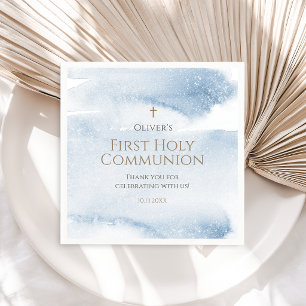 Blue Watercolor Boy First Communion Napkin