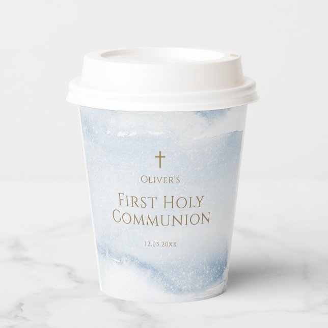 Blue Watercolor Boy First Communion Paper Cups (Front)