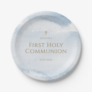 Blue Watercolor Boy First Communion Paper Plates