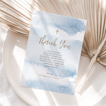 Blue Watercolor Boy First Communion Thank You Card