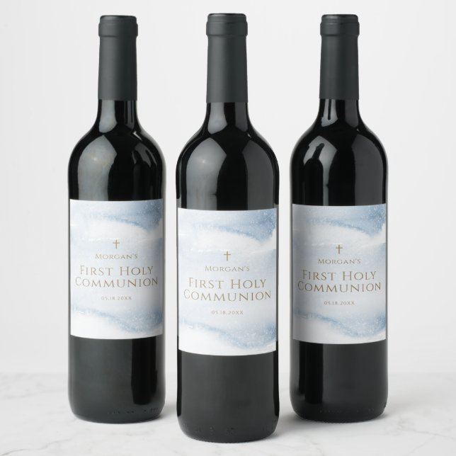 Blue Watercolor Boy First Communion Wine Label (Bottles)