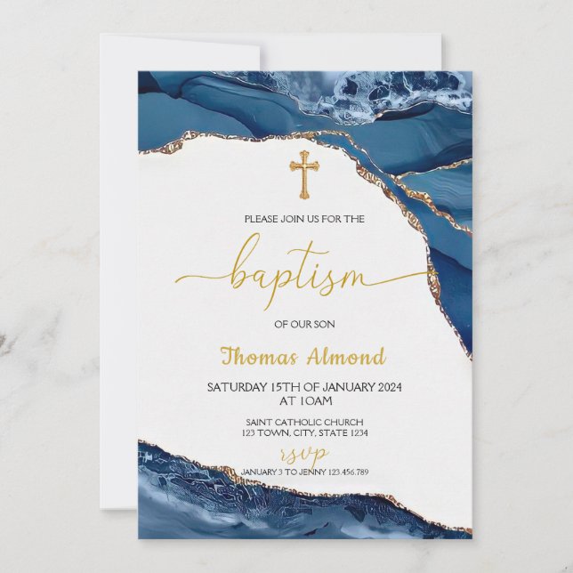 Blue Watercolor Boys Gold Baptism Invitation (Front)