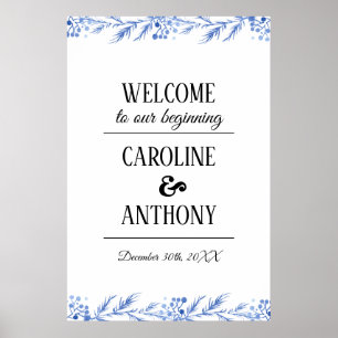 Blue Watercolor Branches Wedding Welcome Sign