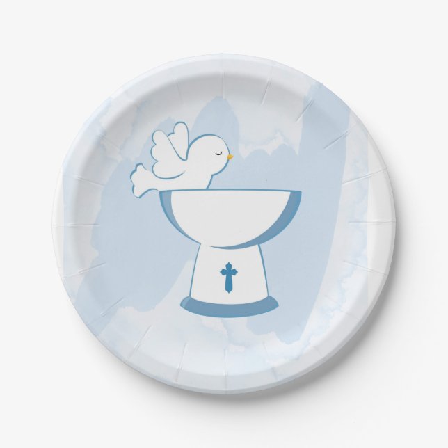 Blue Watercolor Brush Stroke Dove Boy Baptism Paper Plate (Front)
