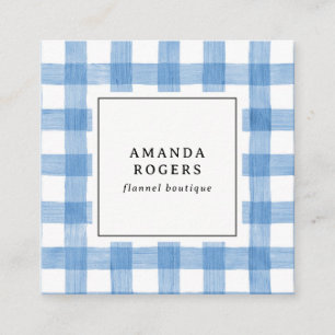 BLUE Watercolor Buffalo Plaid QR CODE modern Square Business Card