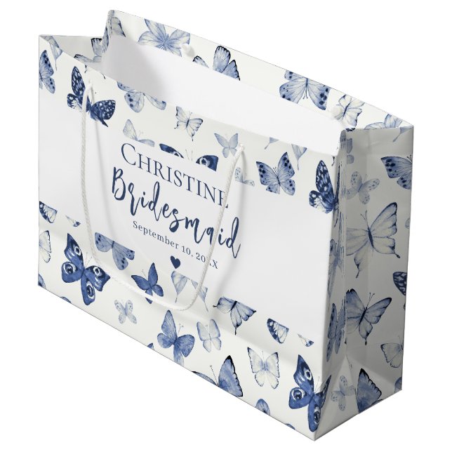 Blue Watercolor Butterflies Bridesmaid Thank You Large Gift Bag (Front Angled)