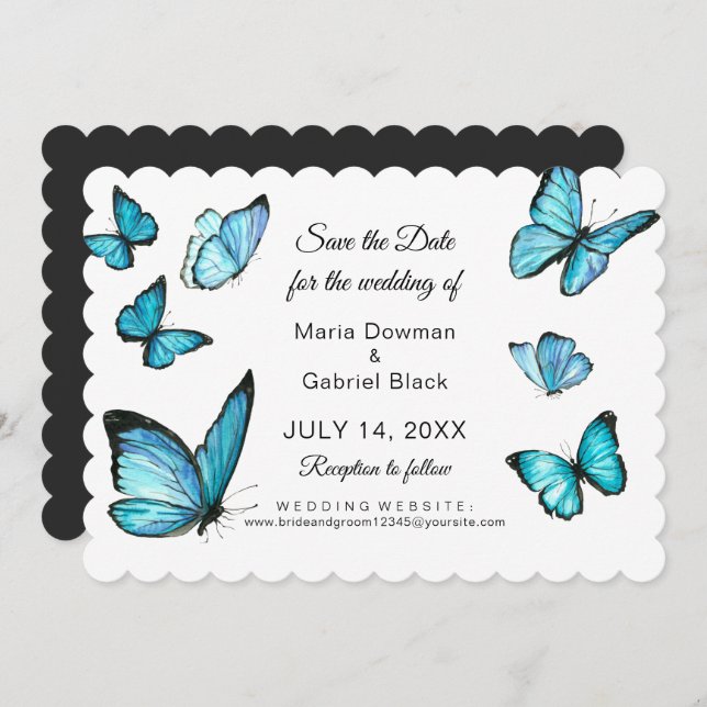 Blue watercolor butterflies Modern save the date Invitation (Front/Back)