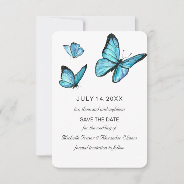 Blue watercolor butterflies Modern save the date Invitation (Front)
