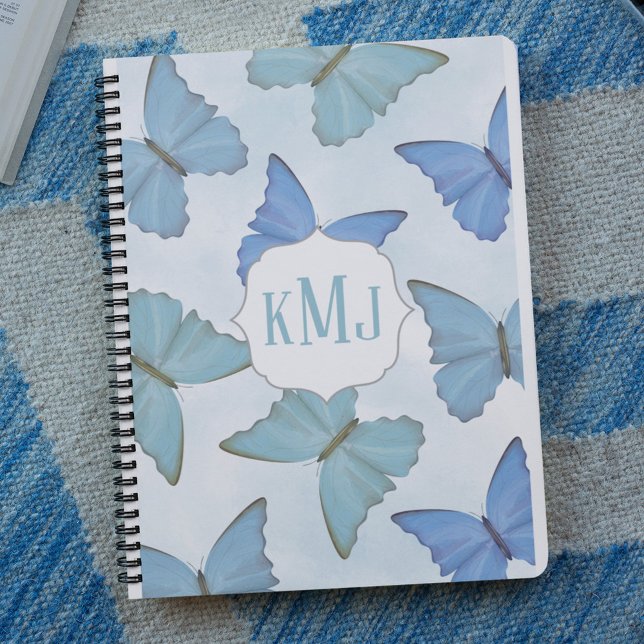 Blue Watercolor Butterflies Monogram Notebook (Botanical blue butterflies in deep blue, teal and light blue. )