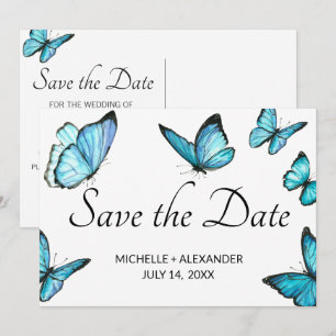 Blue watercolor butterflies save the date card