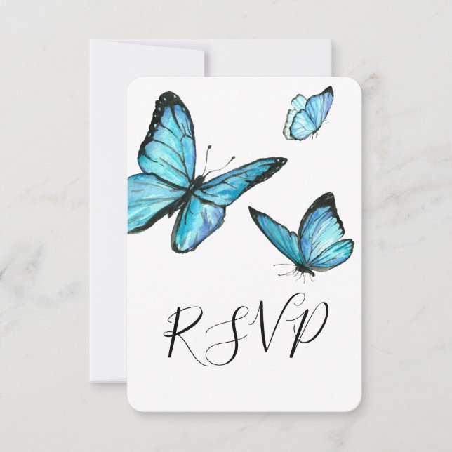 Blue watercolor butterflies wedding RSVP (Front)
