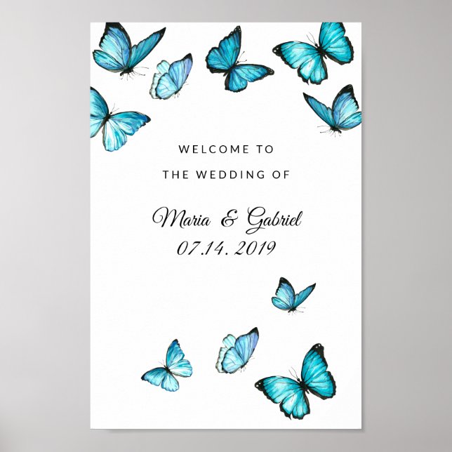 Blue watercolor butterflies Wedding Sign Poster (Front)