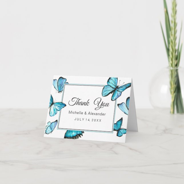 Blue watercolor butterflies wedding thank you invitation (Front)