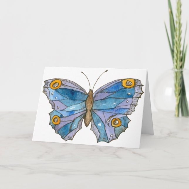 Blue Watercolor Butterfly Happy Birthday Card (Front)